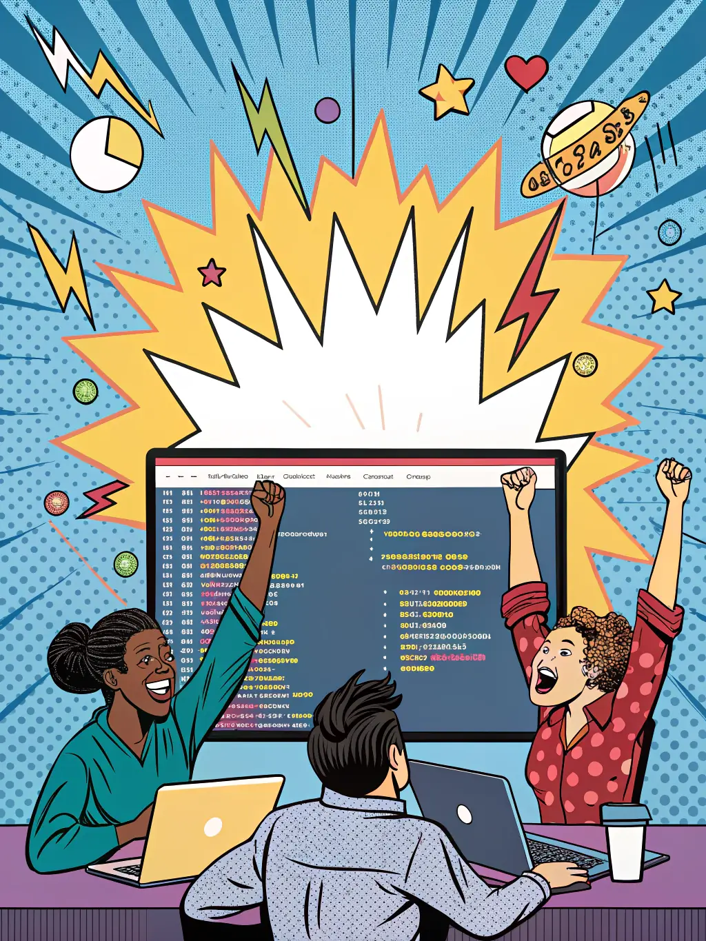 A group of students collaboratively working on a TypeScript project, with one student pointing at the screen and explaining code.