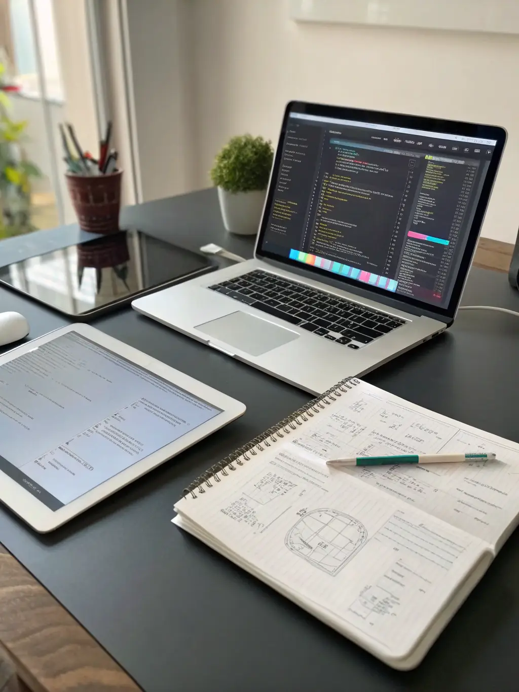 A focused shot of a laptop screen displaying TypeScript code with clear syntax highlighting, set in a modern, minimalist workspace.